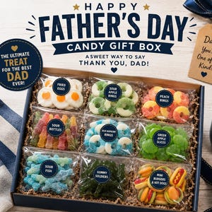 May include: A Father's Day candy gift box with various candies, including fried eggs, sour apple rings, and mini burgers. The box is labeled "Happy Father's Day" and "The Ultimate Treat for the Best Dad Ever!"