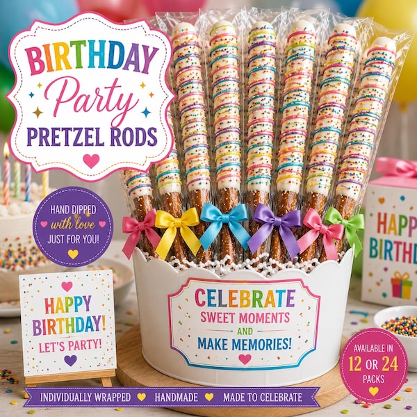Birthday Party Pretzel Rods | White Chocolate Rainbow Drizzle Treats (12 or 24 Pack)
