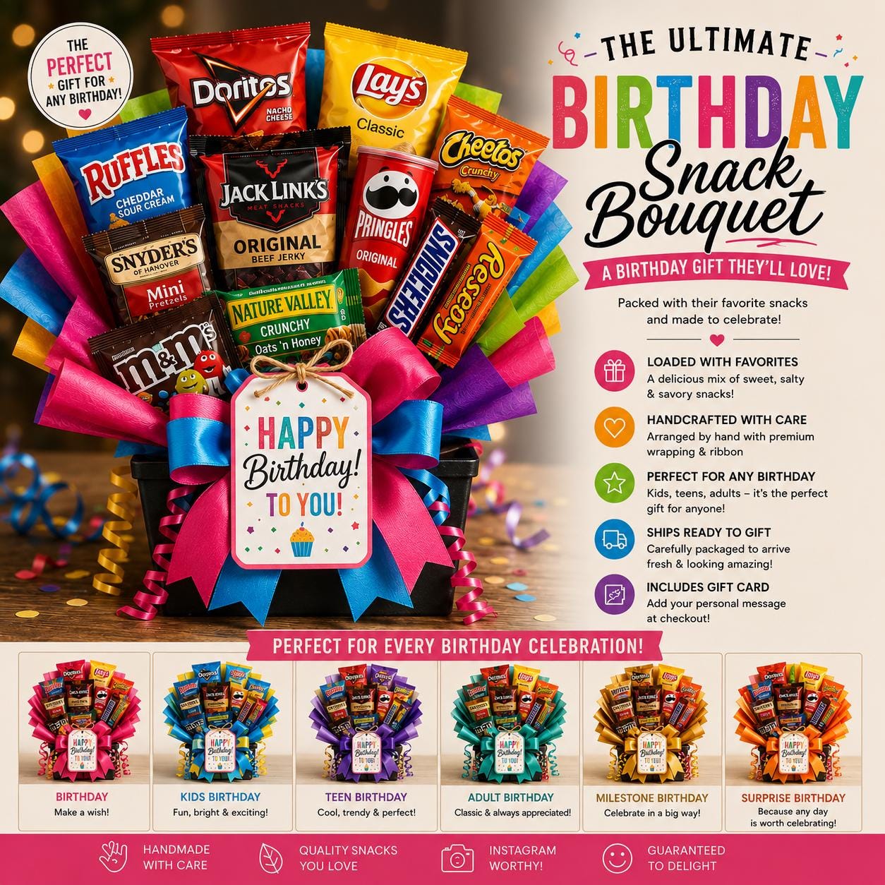 Birthday Snack Bouquet, Assorted Candy Chips Gift, Teen Gift Basket Alternative