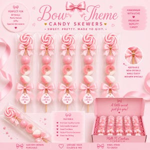 May include: Five individually wrapped candy skewers featuring pink and white swirl lollipops, pink gumballs, and ring-shaped candies, each accented with satin bows and a Made with Love tag, presented alongside a box labeled Milk N Cookies Treats.