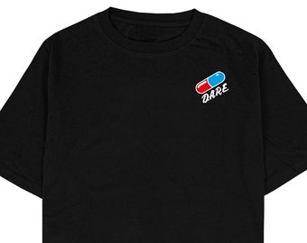 Dare shirt Japanese Streetwear Grunge T-shirt 1998 90s Vintage Red Blue Dare Anime Pill Gift for Him Vintage Retro 80s Educational Program