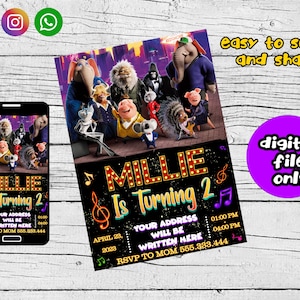 May include: A digital invitation for a child's birthday party featuring characters from the animated movie Sing 2. The invitation is black with yellow, red, and purple accents. The text on the invitation reads "Millie is turning 2".