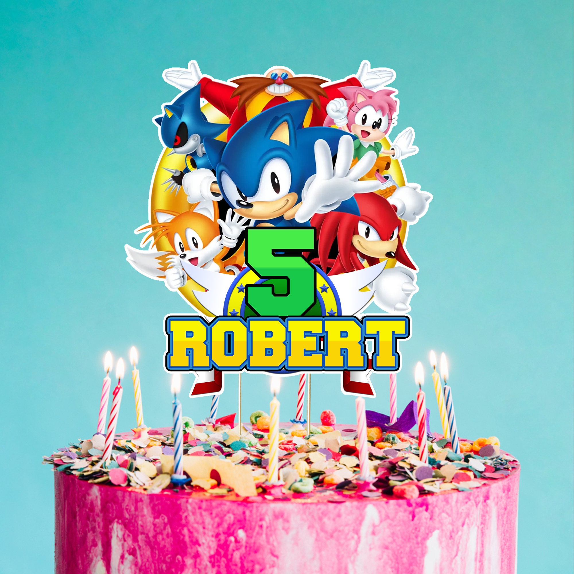 SONIC INSPIRED NAME AND NUMBER PERSONALISED CAKE EDIBLE ICING TOPPER