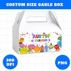 May include: White gable box with a handle, featuring a colorful design for a birthday celebration. The box is decorated with cartoon monsters, confetti, and the text "Austin is turning 3". The top of the box reads "COSTUM SIZE GABLE BOX".