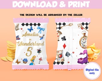 Alice in Wonderland Printable Chips bag - Chip bag label, Printable chip bag,Alice in Wonderland Snacks treat bags, chips pouch, wrapper