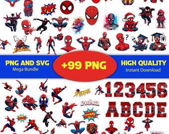 May include: A digital bundle of Spider-Man themed PNG and SVG graphics. The images showcase Spider-Man in various poses, along with numbers and letters. Text includes "PNG AND SVG Mega Bundle", "+99 PNG", and "HIGH QUALITY Instant Download".