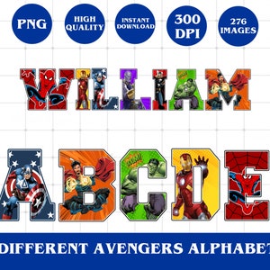 7 personaggi dei Vendicatori alfabeti sfondi diversi Png - Font dei Vendicatori - Spiderman, Thor, Hulk, Capitan America, Iron Man, Thor, Thanos