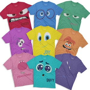 May include: Nine different t-shirts featuring characters from the movie Inside Out. Each shirt has a different color and features a different emotion: Anger (red), Sadness (blue), Disgust (green), Fear (purple), Joy (yellow), Anxiety (orange), Embarrassment (pink), Envy (teal), and Shame (purple).