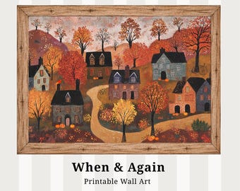 Folk Art Autumn Village Print: Rustic Cottagecore Fall Decor - Digital Download L96