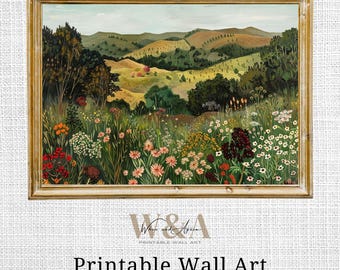 Printable Wall Art Meadow: Folk Art Wildflowers Landscape Painting, Home Decor (Digital Download)