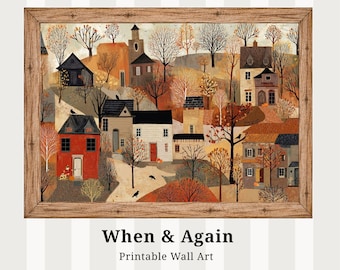 Lámina de arte popular de pueblo otoñal: decoración acogedora de granja para otoño - Descarga digital L202