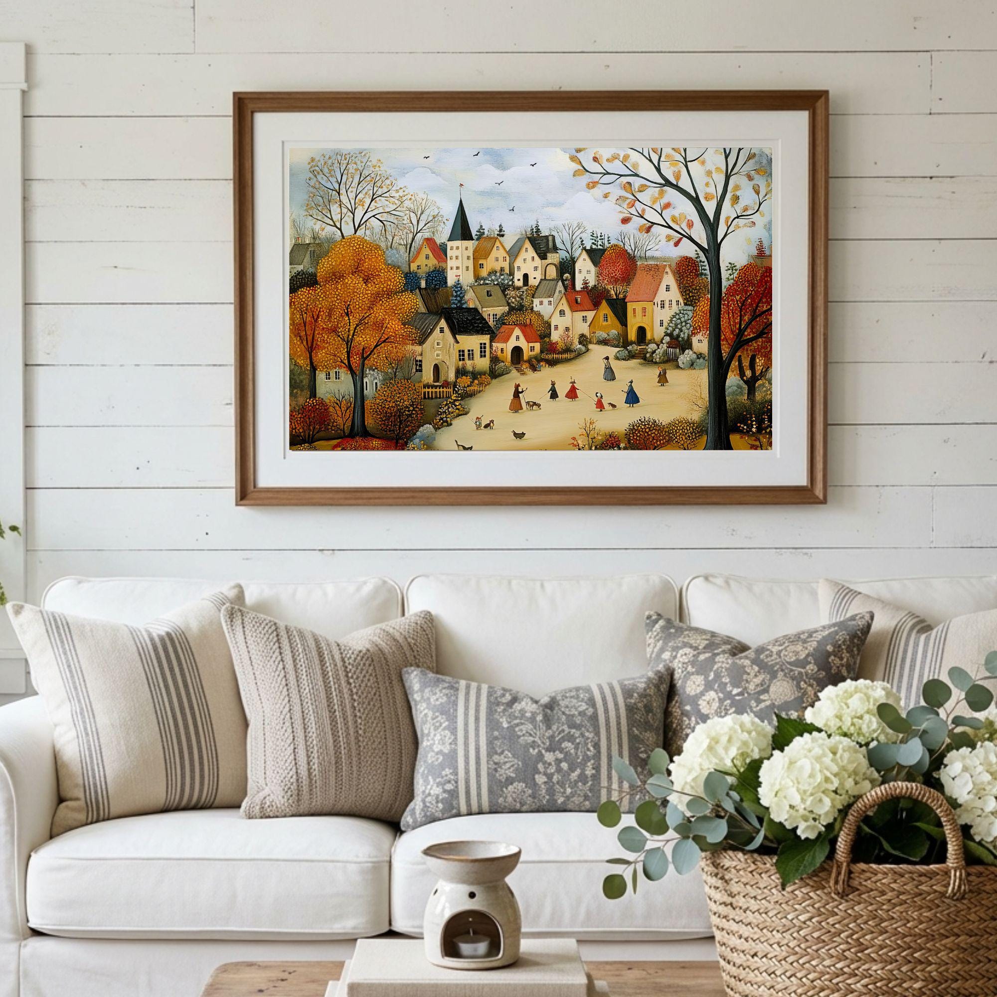 Folk Art Village Wall Print: Scandinavian, European Pastoral Scene