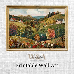 Folk Art Village Painting: Whimsical Wildflower Landscape (Digital Download)