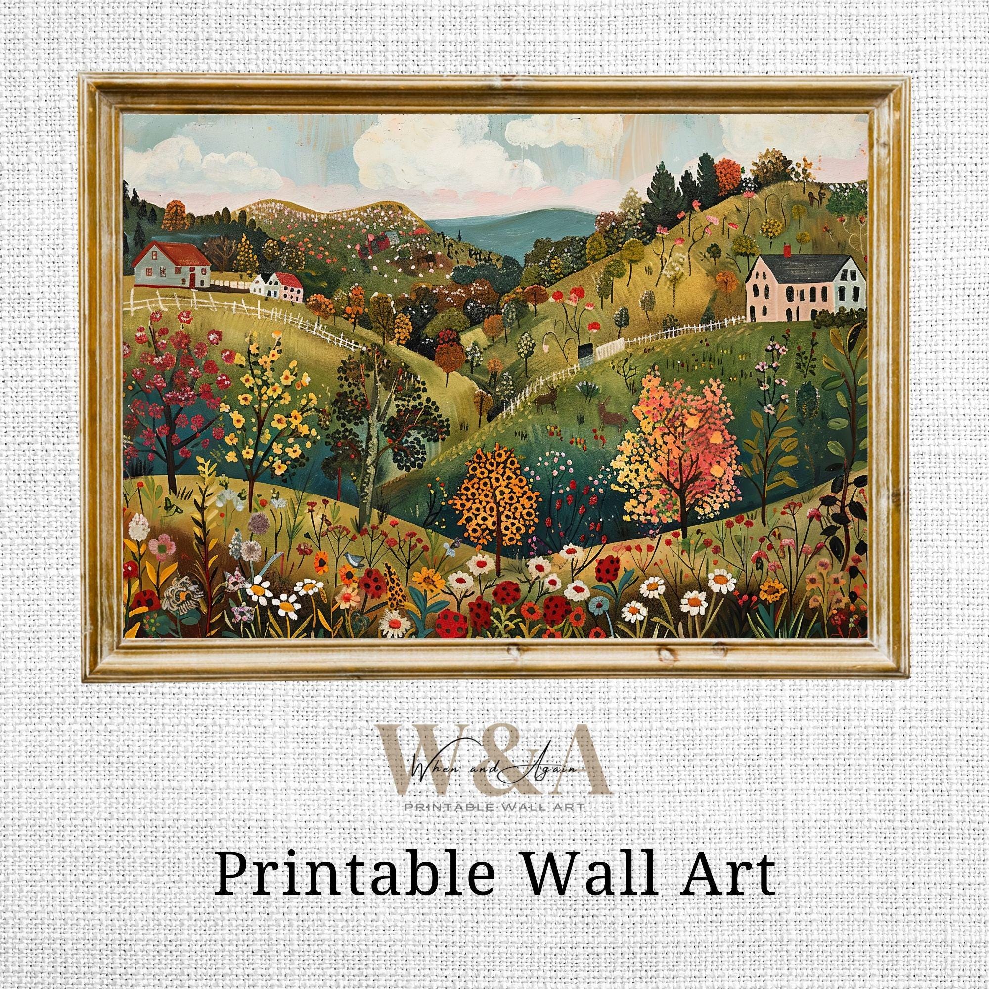 Folk Art Village Painting: Whimsical Wildflower Landscape (Digital Download)