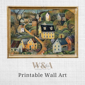 Pastoral Village Print: Folk Art Farmhouse Wall Decor (Digital Download)