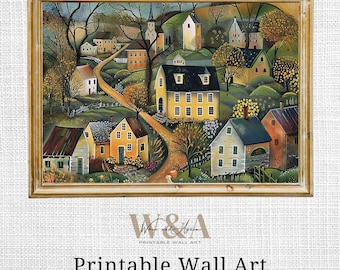 Pastoral Village Print: Folk Art Farmhouse Wall Decor (Digital Download)