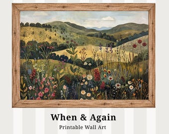 Folk Art Wildflower Meadow Wall Art Print, Rolling Hills Landscape, Digital Download L71