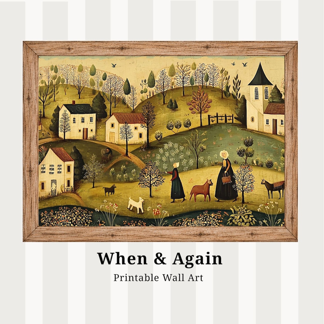 Vintage Folk Art Print: Pastoral Village Landscape - Digital