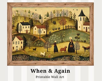 Vintage Folk Art Print: Pastoral Village Landscape - Digital