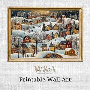 Puede incluir: Una impresión de arte de pared imprimible que presenta una escena invernal de un pueblo pequeño con casas, árboles y personas caminando en la nieve. La impresión está enmarcada en un marco dorado y tiene un fondo blanco.