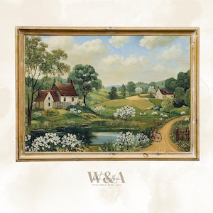Folk Art Pastoral Landscape Print: Farmhouse Decor (Digital Download)