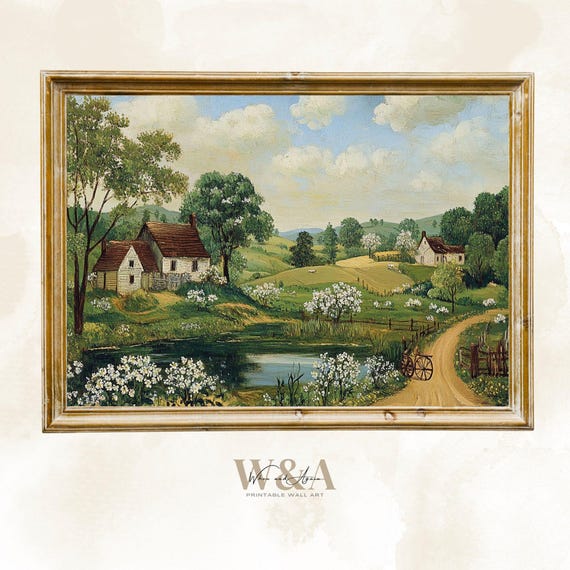 Folk Art Pastoral Landscape Print: Farmhouse Decor (Digital Download)