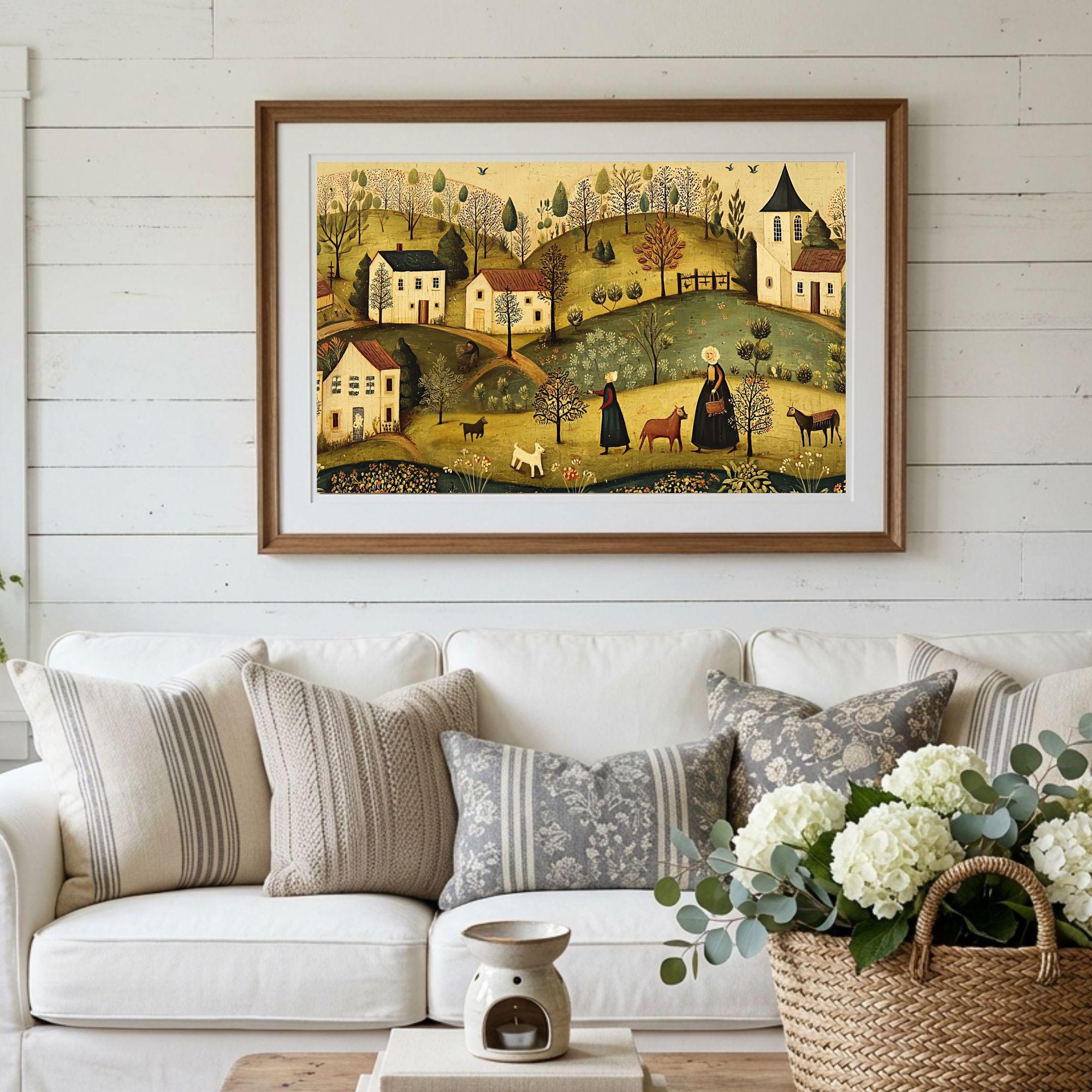 Vintage Folk Art Print: Pastoral Village Landscape - Digital