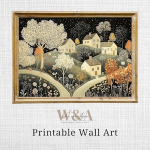Folk Art Country Village Print: Cottagecore Landscape (Digital Download)