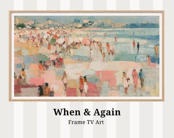 Marco de TV con diseño de playa costera veraniega - Arte en tonos pastel rosas, protector de pantalla, descarga digital TV83
