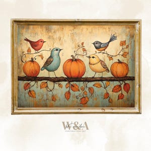 Folk Art Birds and Pumpkins  Digital Wall Art Print  Fall Art Farmhouse Home Art Decor  Primitive Folk Art Fall Wall Art Download L105