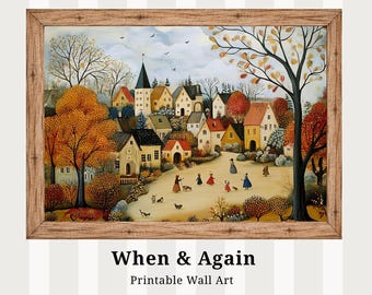 Lámina de arte popular de un pueblo: Escena pastoral europea del siglo XIX - Descarga digital L117