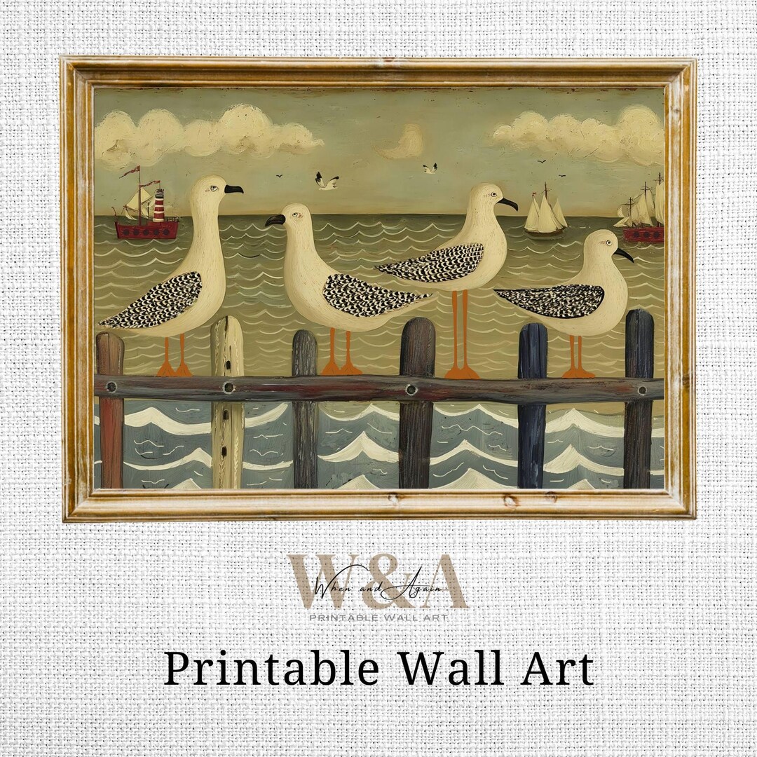 Seagulls on Pilings Art Print: Vintage Coastal Folk Art (digital ...