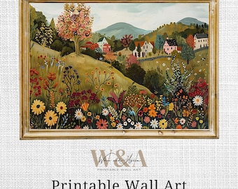 Folk Art Village Print: Wildflower Meadow, Farmhouse Decor (Digital Download)