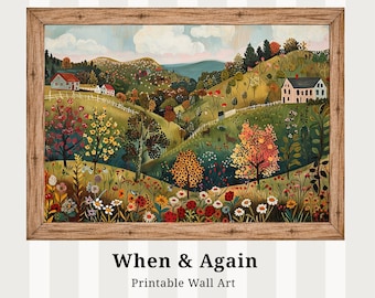 Pintura de arte popular de un pueblo: Paisaje caprichoso de flores silvestres - Descarga digital L89