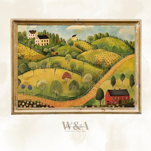 Folk Art Village Print: Whimsical Country Home Decor (Digital Download)
