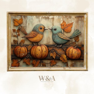 Fall Folk Art Wall Art Print  Birds and Pumpkins  Fall Art Farmhouse Home Decor  Primitive Folk Art Fall Wall Art  Digital Download L103