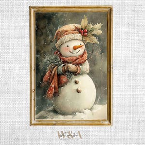 Vintage Schneemann Aquarell Print: Weihnachtliche Volkskunst (Digitaler Download)