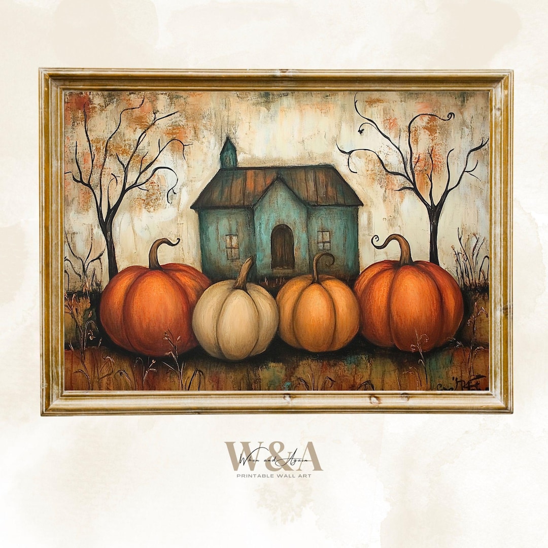 Fall Folk Art Wall Art Print Whimsical Rustic House Pumpkins Bare Trees ...