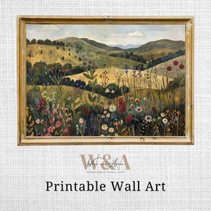 Folk Art Wildflower Meadow Painting: Whimsical Landscape Print (Digital Download)
