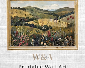 Folk Art Wildflower Meadow Painting: Whimsical Landscape Print (Digital Download)