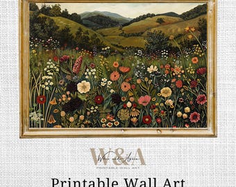 Folk Art Meadow Print: Wildflower Field, Rolling Hills (Digital Download)
