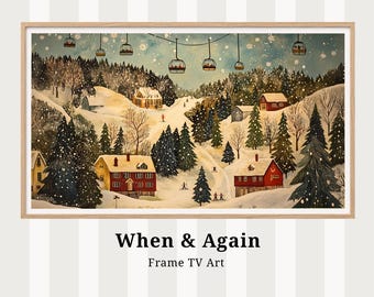 Winter-Christmas Ski Resort Frame TV Art, Snow, Folk Art -  Digital Download TV32