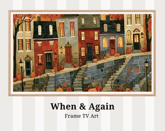 Halloween Frame TV Art - Pumpkin-Lined Brownstone Street - Screensaver, Digital Download tv68