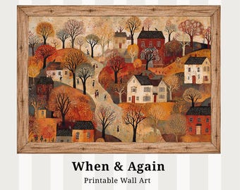 Autumn Wall Art Print, Folk Art Village - Cozy Rustic Farmhouse - Digital Download L203