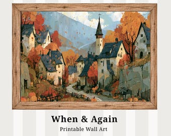 Autumn Village in the Mountains Printable Wall Art, Fall Landscape Print, Digital Download L1