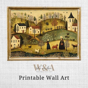Vintage Folk Art Print: Pastoral Village Landscape (Digital Download)