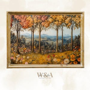 Folk Art Fall Landscape Print: Whimsical Hillside Trees (Digital Download)
