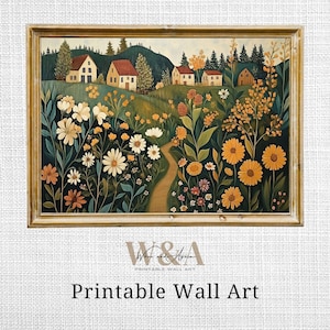 Folk Art Village Print: Mid-Century Wildflower Cottage Scene (Digital Download)