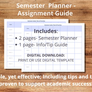 Könnte beinhalten: Ein druckbarer Semesterplaner mit einem blauen und weißen Gitterlayout. Der Text "Includes: 2 pages - Semester Planner 1 page - Info/Tip Guide" ist sichtbar. Der Text "DIGITAL DOWNLOAD: PRINT OR USE DIGITAL TEMPLATE" ist ebenfalls sichtbar.