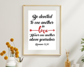 Bible Verses Printable, Romans 12:10, Be devoted to one another in love.. Scripture Art, Wedding Decor, Religious Quote Artwork Set of 3